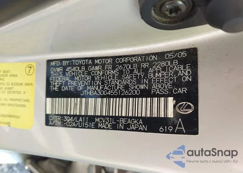 2005 Lexus Es 330 из США, поврежденный, VIN JTHBA30G455126200